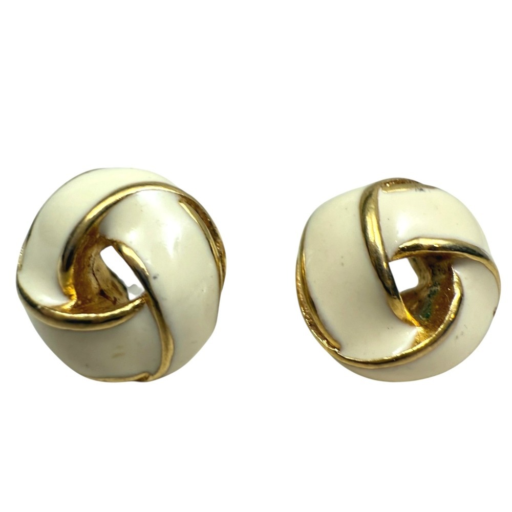 Vintage Classic Cream & Gold Tone Enamel Round Knot Earrings Stud Post Jewelry